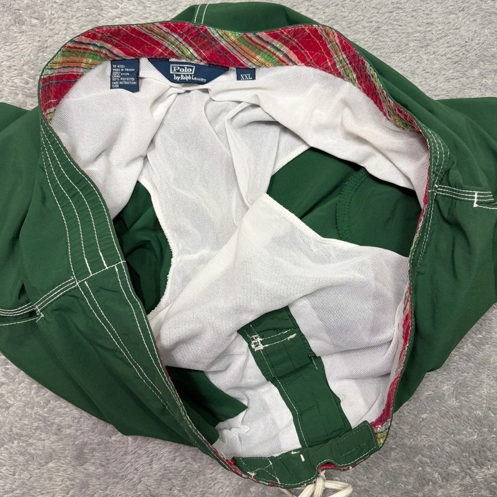 Polo Ralph Lauren Swim Trunks Mens XXL Green Board Shorts Cargo Plaid Trim Mesh